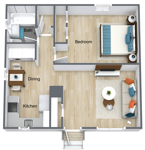 Floor plan for 1 bed, 1 bath, 665 sqft